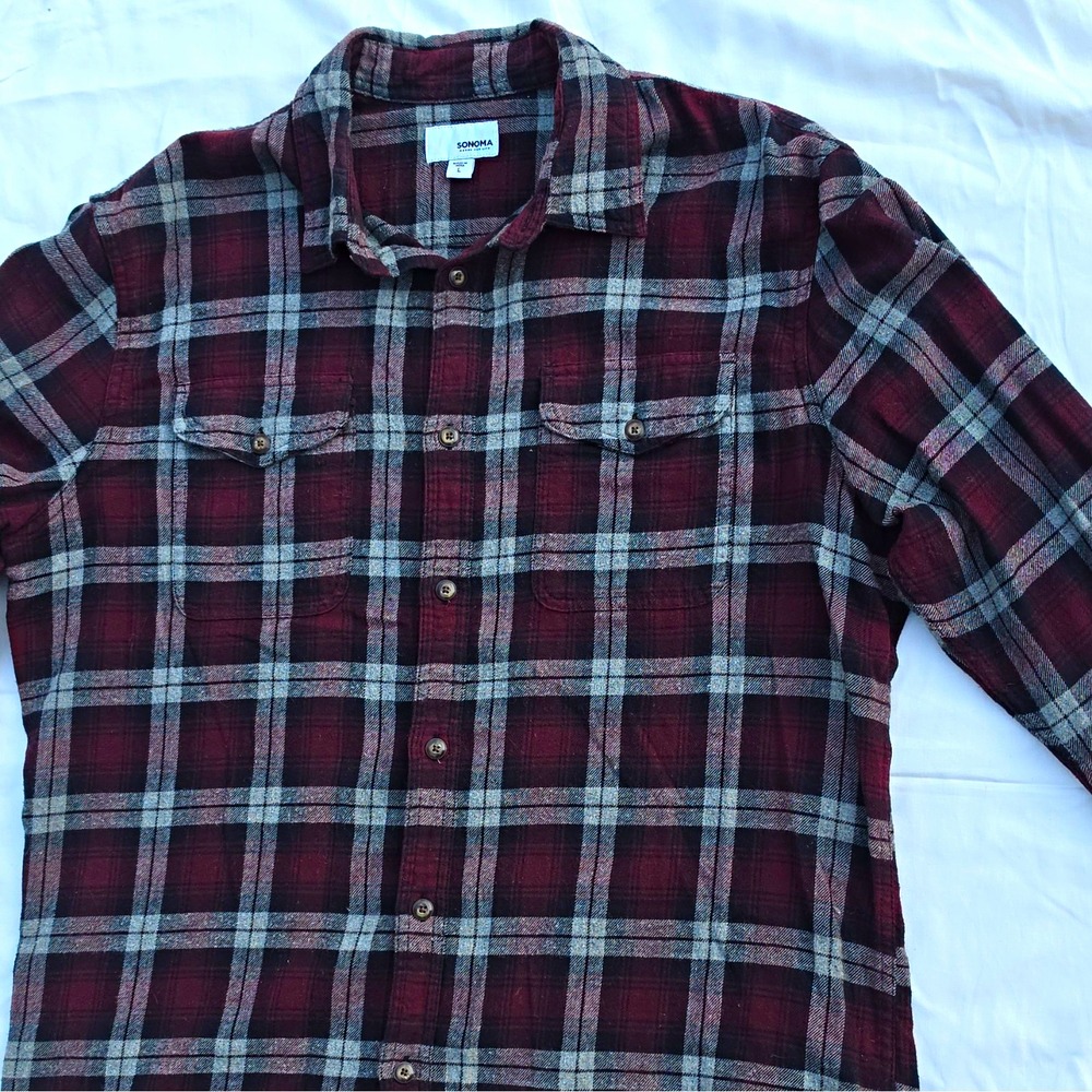 Sonoma Men's Plaid Flannel LS Button-Up Pockets L Burgundy/Gray #250